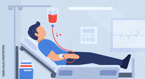 Patient in a hospital bed receiving an intravenous blood transfusion from an IV drip bag. Medical healthcare and donation concept vector illustration
