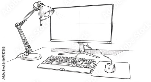 Hand-drawn sketch of computer setup on white paper, sharp pencil detail, soft lighting, authentic artistic moment.