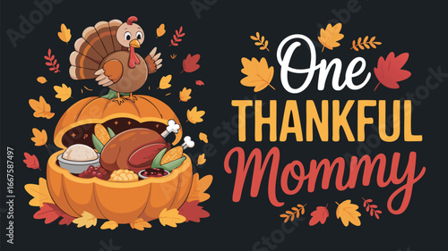 Cartoon Turkey on Pumpkin Filled with Thanksgiving Dinner Beside One Thankful Mommy