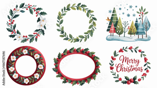 Christmas wreaths and winter scenery watercolor illustration collection on white background festive season