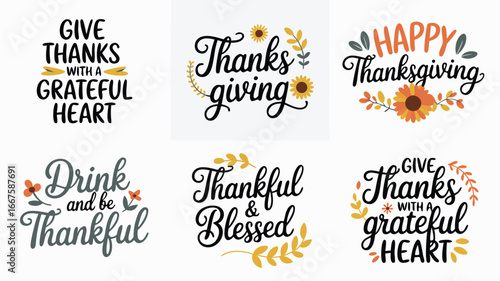 Collection of Thanksgiving themed quotes and sayings with floral accents on a white background