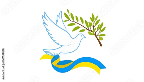 Dove, Olive Branch, Ribbon, Peace Symbol, White Background