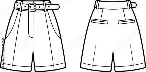 Technical vector illustration of pleated tailored shorts front and back views with belt, welt pockets, cuffs, and detailed garment construction elements