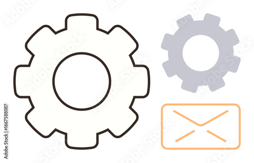 Two gears and an envelope highlighting mechanics, workflow optimization, communication flow, and automation. Ideal for technology, teamwork, productivity, collaboration, processes innovation