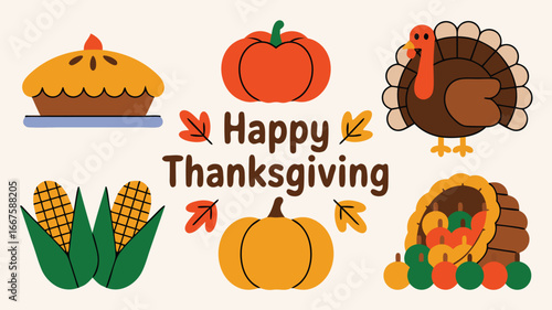 Colorful Thanksgiving Icons Pie, Pumpkin, Corn, Turkey, Leaves, and Horn of Plenty Illustration