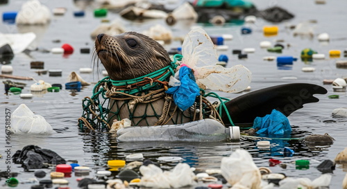 Baby seal trapped in plastic ring swimming in polluted ocean. Environmental problem and animal danger due to garbage in water footage.