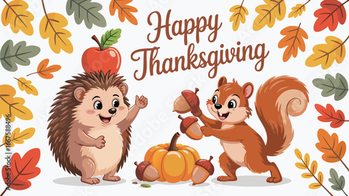 Cute Thanksgiving Cartoon Hedgehog with Apple, Squirrel with Acorns, and Pumpkin Surrounded by Autumn Leaves