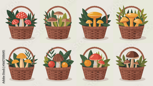 Eight Wicker Baskets Featuring Various Mushrooms and Fruits in an Illustrated Style Design