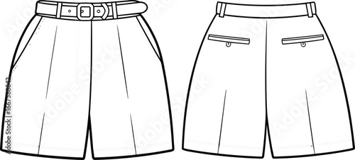 Technical vector illustration of tailored shorts front and back views with belt loops, pleats, welt pockets, garment construction details
