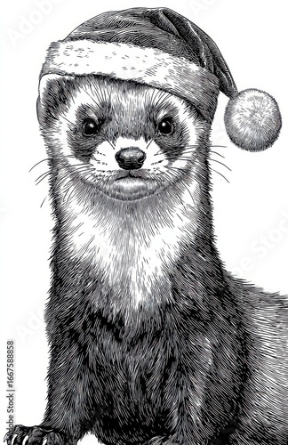 Ferret Wearing Santa Hat in Black and White Pointillist Style