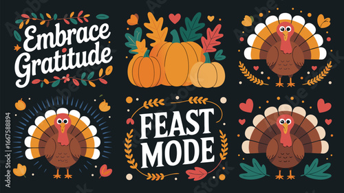 Festive Thanksgiving Graphics Turkeys, Pumpkins, Gratitude, and Feast Mode Design Elements on Dark Background