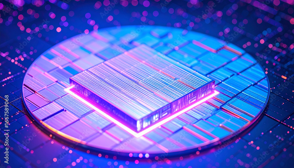 Obraz premium Technology's Heart: A close-up showcases the mesmerizing details of a central processing unit (CPU) chip, illuminated by vibrant light, highlighting its intricate design.