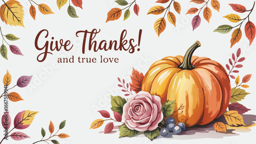Give Thanks Autumn Illustration Pumpkin, Rose, Blueberries, and Fall Foliage for Thanksgiving Season