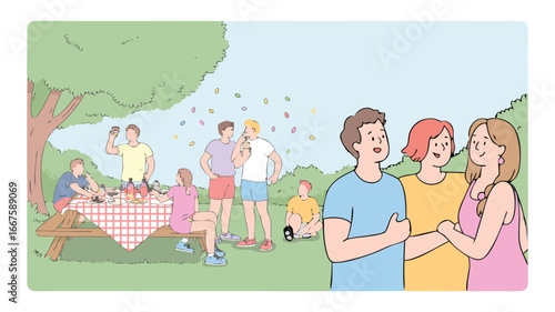 Group of Friends Enjoying a Picnic with Food, Drinks and Confetti in the Park