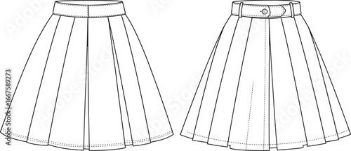 Vector fashion flat sketch of women’s pleated skirt front and back views with box pleats, wide waistband, button tab closure, and seams