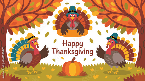 Happy Thanksgiving Cartoon Turkeys with Pilgrim Hats, Pumpkin, and Autumn Trees Illustration Greeting