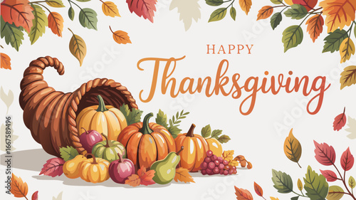 Happy Thanksgiving Cornucopia Featuring Pumpkins, Fruits, and Autumn Leaves, Seasonal Holiday Illustration