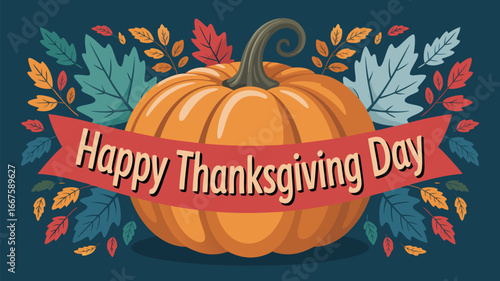Happy Thanksgiving Day Illustration with Autumn Leaves and Pumpkin on Dark Blue Background