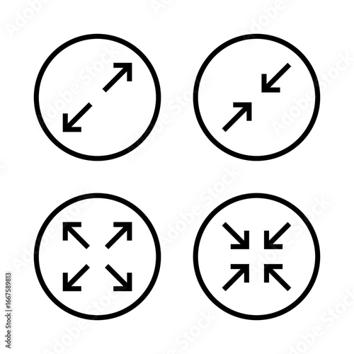 Expand and collapse arrow icon in circular outline. Maximize and minimize screen symbol