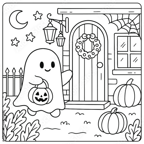 Vector art set of funny Halloween characters and jack-o-lanterns for a child's coloring book