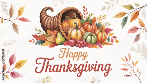Happy Thanksgiving Horn of Plenty with Pumpkins, Fruits, and Autumn Leaves on White