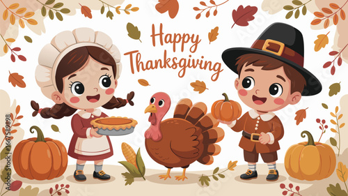 Happy Thanksgiving Illustration Cartoon Children Dressed as Pilgrim and Maid Holding Pie and Pumpkin
