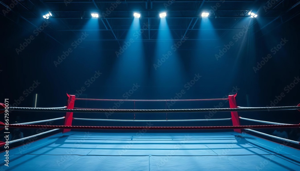 Fototapeta premium Elevated view of a professional boxing ring, ropes and canvas clearly visible, arena, boxing match
