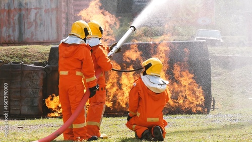 Obraz na płótnie Firefighter Rescue training in fire fighting extinguisher