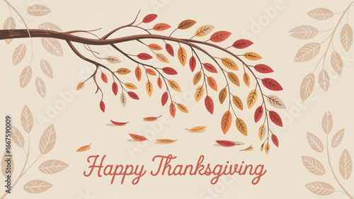 Happy Thanksgiving Illustration with Autumn Leaves and Branch on Beige Background, Festive Greeting