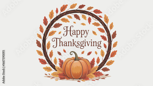 Happy Thanksgiving Illustration with Pumpkin, Autumn Leaves, and Circular Wreath Border on Light Background