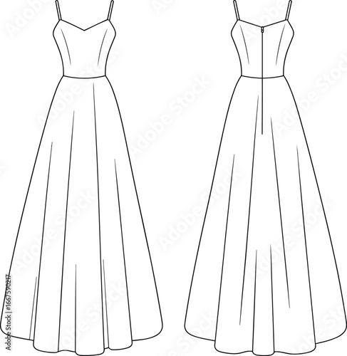 Women's long dress vector illustration, spaghetti straps, sweetheart neckline, fitted bodice, flared skirt, panel design, technical flat garment fashion construction
