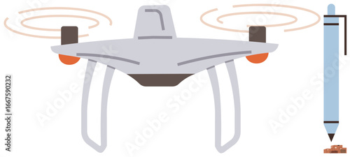 Drone in mid-flight beside a pen etching lines on tiny blocks, symbolizing creativity, technology, and innovation. Ideal for tech advancement, innovation, robotics, creativity, miniaturization