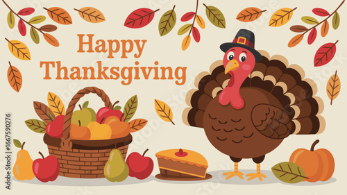 Happy Thanksgiving with Turkey, Fruit Basket, Autumn Leaves, and Pumpkin Cartoon Illustration