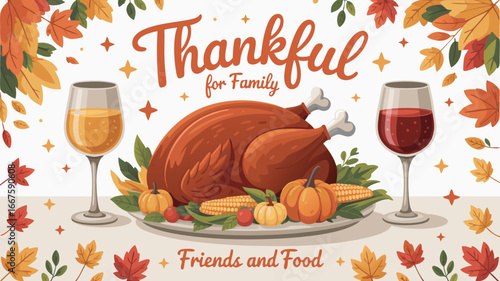 Illustrated Thanksgiving Dinner with Turkey, Wine, Pumpkins, and Autumn Leaves Decoration Around It