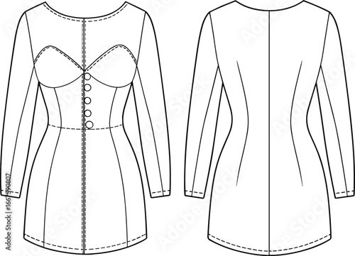 Women's long sleeve dress vector illustration, sweetheart neckline, bustier bodice, button front, princess seams, mid‑thigh length, technical flat fashion design