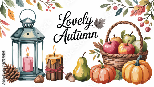Lovely Autumn Still Life with Lantern, Candles, Apples, Pumpkins and Acorns Composition