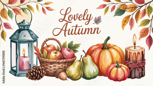 Lovely Autumn Still Life with Lantern, Pumpkins, Apples, Pears, Candle, and Colorful Fall Leaves