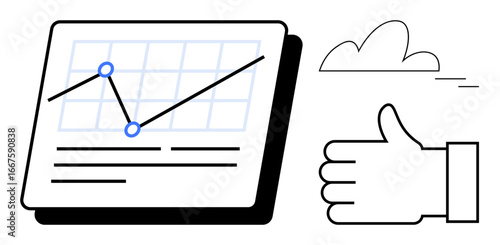 Line graph with upward trend on tablet reflects progress and growth. Hand with thumbs up signifies approval, success. Ideal for business, data, success motivation, growth visualization, analytics