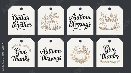Printable Thanksgiving Gift Tags Featuring Pumpkins, Autumn Leaves, and Holiday Greetings Messages