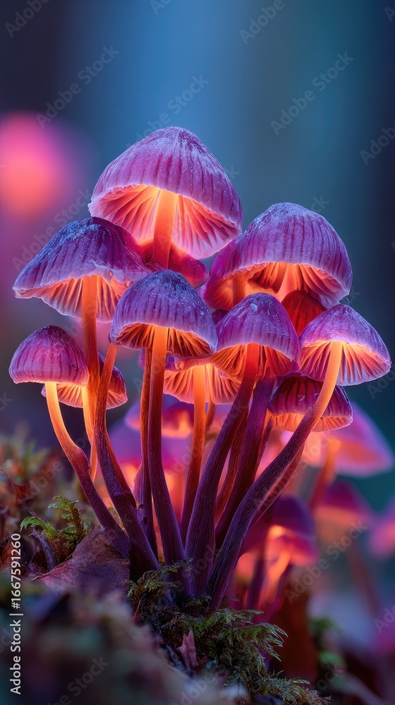 Fototapeta premium Glowing magenta mushrooms cluster in forest