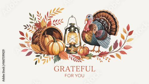 Thanksgiving Arrangement Turkey, Pumpkins, Lantern, and Basket in Autumnal Leaves, Perfect for Grateful Holiday Greetings
