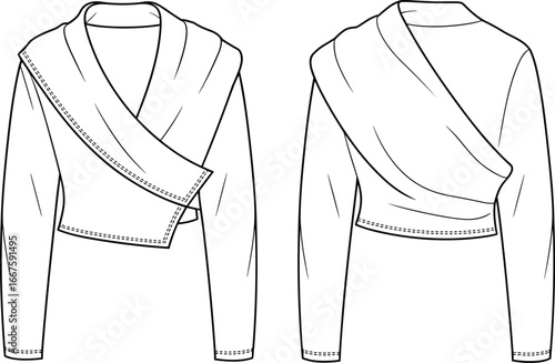 Women's wrap‑style top vector illustration, long sleeves, shawl collar, draped asymmetrical front, cropped hem, technical flat fashion garment construction design