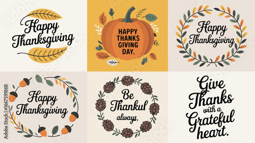 Thanksgiving Greetings Six Unique Autumnal Designs Featuring Pumpkins, Leaves, Acorns, and Heartfelt Seasonal Messages