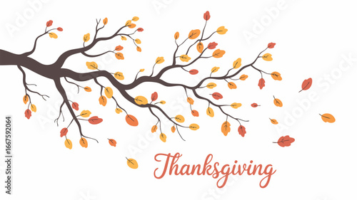 Thanksgiving Tree Branch Illustration with Orange and Red Autumn Leaves Falling on White Background