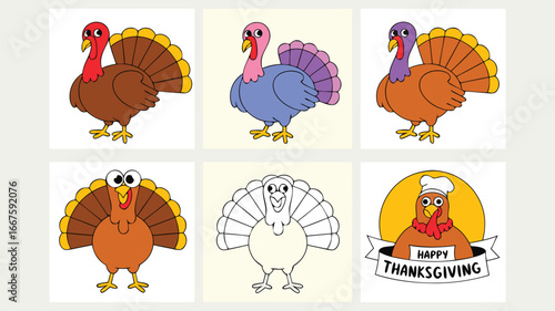 Thanksgiving Turkey Cartoon Illustrations Colorful, Outlined, and Cooking Turkey Designs for the Holiday