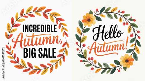 Two Autumn Themed Designs Featuring Fall Foliage Wreaths and Seasonal Greetings
