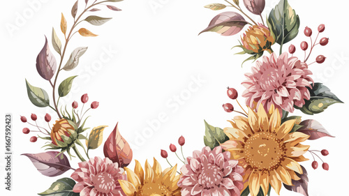 Watercolor Floral Wreath with Sunflowers, Dahlias, Berries, and Leaves on White Background