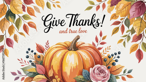 Watercolor Give Thanks with Pumpkin, Rose, Autumn Leaves, and Berries Thanksgiving Illustration