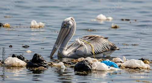 Pelican. A bird covered in oil on a polluted beach with an oil slick. Environmental disaster due to oil spill and ocean contamination footage.