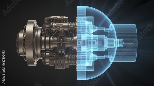 Ai generated image of 3d render of a complex mechanical engine part, half in metallic detail and half in glowing blue wireframe schematic, against a dark background